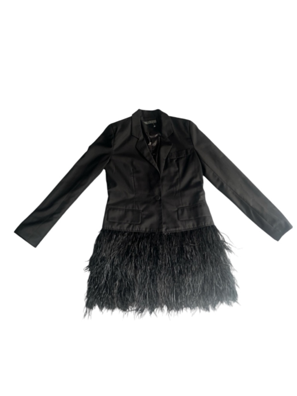 Black blazer with elegant feathers. One button. Pockets. Small (38)